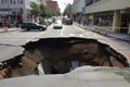 a sinkhole that has opened up on a busy street, with cars driving over the hole