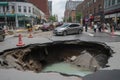 sinkhole in the middle of a busy city street, with cars and people stopping to gawk Royalty Free Stock Photo