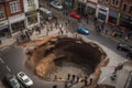 sinkhole opening up in busy city street, with cars and people running for their lives