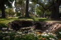 sinkhole in a park, with flowers and trees sprouting from the surface