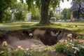 sinkhole in a park, with flowers and trees sprouting from the surface