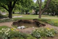 sinkhole in a park, with flowers and trees sprouting from the surface