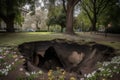 sinkhole in a park, with flowers and trees sprouting from the surface