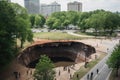 sinkhole in a park, with people enjoying the view and nature