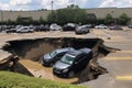 sinkhole in parking lot, with cars visible below the surface