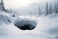 a sinkhole in a snowy landscape, contrasted against the white surroundings
