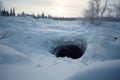 a sinkhole in a snowy landscape, contrasted against the white surroundings