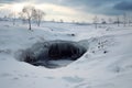 sinkhole in a snowy landscape, contrasted with white surroundings