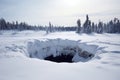 sinkhole in a snowy landscape, showing contrast between earth and snow