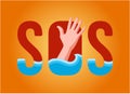 Sinking person asks for help. inscribed in the sign sos. on an orange background. outstretched hand.