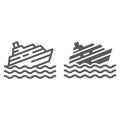 Sinking ship line and glyph icon, disaster and water, boat catastrophe sign, vector graphics, a linear pattern on a