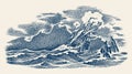 Sinking ship at sea. Ocean storm, strong waves. Vintage engraved monochrome sketch. Historic seascape. Vector