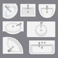 Sinks top view collection. Set of different wash basin types.