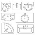 Sinks top view collection.Vector contour illustration.