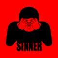 Sinner on fire. OMG. Cover face with hands. Despair and suffering. Hell fire. Vector illustration