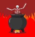 Sinners in cauldron in hell. Skeletons are cooked in resin in un