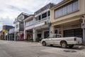 Sino-Portuguese architecture of houses in Thailand, Takua Pa Old Town. japanese old pickup truck. Takua Pa Thailand