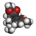 Sinomenine herbal alkaloid molecule. Isolated from Sinomenium acutum. 3D rendering. Atoms are represented as spheres with