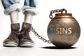 Sins can be a big weight and a burden with negative influence - Sins role and impact symbolized by a heavy prisoner`s weight Royalty Free Stock Photo