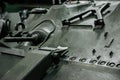 SINSHEIM, GERMANY - OCTOBER 16, 2018: Technik Museum. Side part with minigun. Powerful old black tank at the exhibition