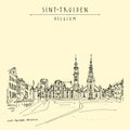 Sint-Truiden Main Square, Belgium, Europe. Travel sketch. Hand drawing. Vintage hand drawn touristic Belgium postcard, poster,