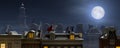 Sinterklaas and the Pieten on the rooftops at night Royalty Free Stock Photo