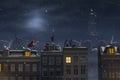 Sinterklaas and the Pieten on the rooftops at night Royalty Free Stock Photo