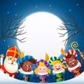 Sinterklaas - Saint Nicholas and friends celebrate holiday in front of moon - winter night background