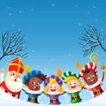 Sinterklaas - Saint Nicholas and friends girls and boys celebrate holidays - winter night background