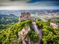 Sintra, Portugal: aerial top view of the Castle of the Moors, Castelo dos Mouros, located next to Lisbon Royalty Free Stock Photo