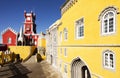 SINTRA, PORTUGAL - JULY, 06, 2019: The Arches Yard, chapel and clock tower of Palacio da Pena, Sintra, Portugal.