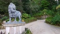 Sintra, Portugal; 04-24-2020; lion statue in sintra gardens