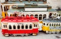 Small models of vintage trams frrm streets of portuguese capital as popular souvenirs