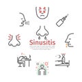 Sinusitis banner. Symptoms, Treatment. Line icons set. Vector signs for web graphics Royalty Free Stock Photo