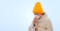 Sinusitis, virus and sick woman with tissue in studio, blue background or blowing nose with flu mockup. Bacteria, sinus
