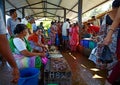 SIOLIM, GOA, INDIA - CIRCA DECEMBER 2013: Sale of fish and seafood on fish market. Shopping row.