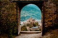 Sion, Switzerland: Medieval Valere basilica seen through main gates of Tourbillon Castle located in canton Valais Royalty Free Stock Photo