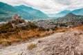 Sion, Switzerland: Panorama of Sion city, Rhone Valley and medieval Valere Basilica seen from Tourbillon Castle hill Royalty Free Stock Photo