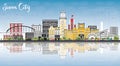 Sioux City Iowa Skyline with Color Buildings, Blue Sky and Reflection.