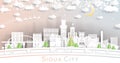Sioux City Iowa City Skyline in Paper Cut Style with Snowflakes, Moon and Neon Garland