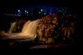 Sioux Falls Park trailhead light with Christmas lights in the winter