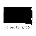 Sioux Falls on South Dakota State Map. Detailed SD State Map with Location Pin on Sioux Falls City. Black silhouette vector map is