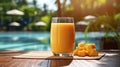 Sip on essence of summer enjoy a tropical mango cocktail near pool, surrounded by beauty of sunkissed sky. Ai generated Royalty Free Stock Photo