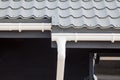 SIP panel house construction. New gray metal tile roof with white rain gutter. Royalty Free Stock Photo