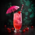 Tall glass of pink ginger ale and grenadine syrup with festive garnishes