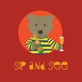 Sip and see vector Illustration with bear holding champagne bottle and flute. Invitation for baby party celebration. Meet the Royalty Free Stock Photo