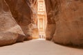 The Siq canyon in Petra. The Treasury: ancient city of Petra in Jordan