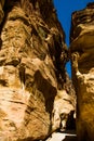 The Siq main entrance to ancient Nabatean city Petra, Jordan. Narrow sandstone slot-canyon is natural passageway to hidden city. Royalty Free Stock Photo