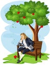 Sir Isaac Newton and discovery of gravitation theory apple falling from the tree