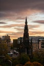 Sir Walter Scott memorial in Edinburgh, during a cloudy autumn morning. Landmarks of Scotland.